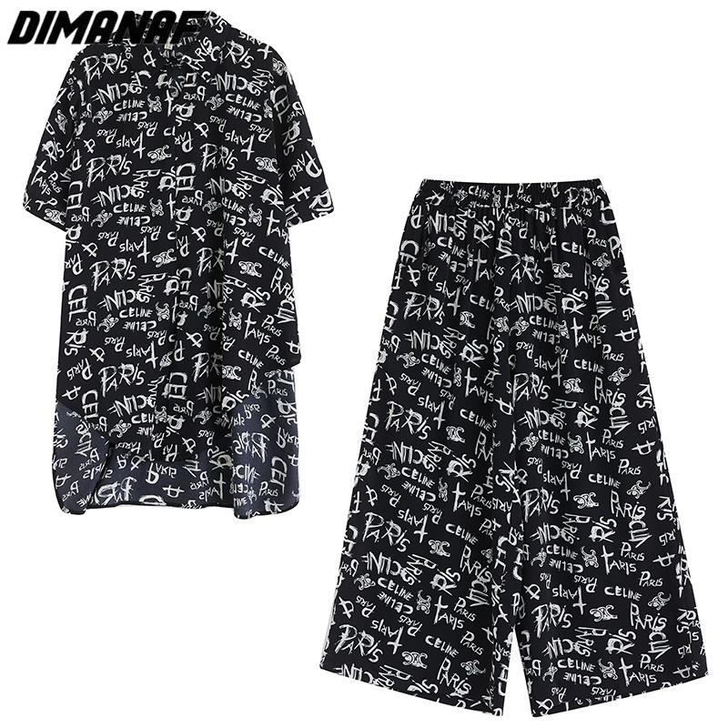 DIMANAF 2023 Plus Size Two Piece Set Suit Women Vinatge Print  Tops Pants Letter Female Suit Summer Wide Leg Pants