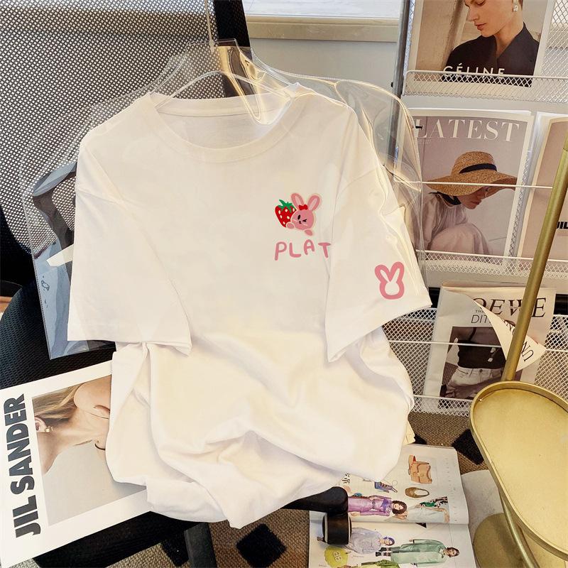 

2025 лето милая клубничная кролик хлопок футболка с коротким рукавом женская свободная высококлассная нишевая дизайнерская футболка M белый