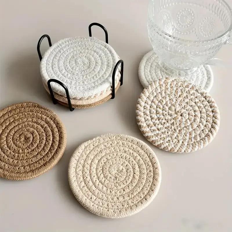 8-Piece Set Absorbent Coasters for Drinks Minimalist Cotton Woven Coasters Coffee Table Decor Boho Cute Cup Coasters Trivet Mat