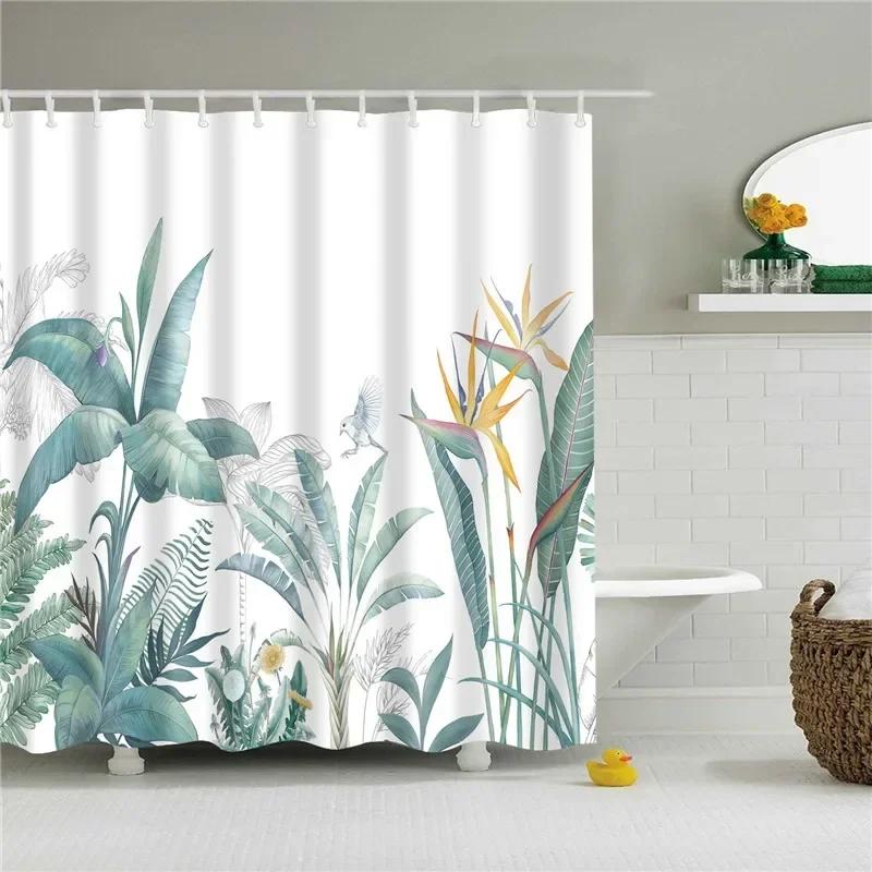 Tropical Green Plant Palm Leaves Bathroom Accessories Set Shower Curtain Bathroom Curtains Waterproof Polyester with Hooks