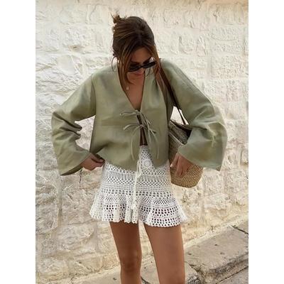 Cotton Line Tops Women Lace Up V-neck Loose Solid Shirts Female Summer Long Sleeves 2024 New Fashion Casual Soft Shirt Lady