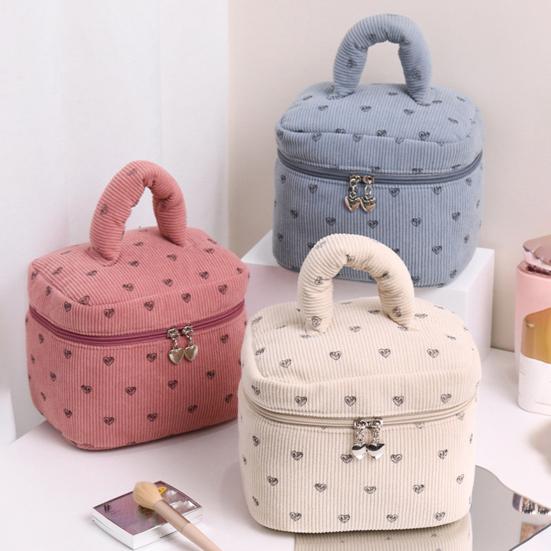 Corduroy Makeup Bag with Heart Pattern Portable Travel Cosmetic Bag Zipper Makeup Pouch Toiletry Organizer Purse for Women Girls