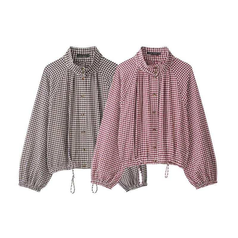 2026 Camicia a Maniche Lunghe a Quadri da Donna con Vestibilità Larga e Collo Alto Top Casual Streetwear