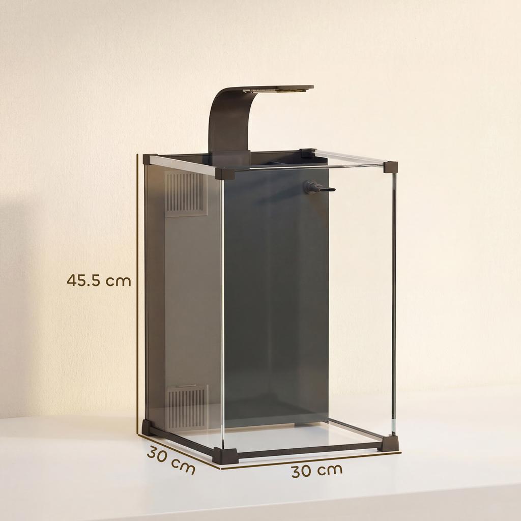 36L Tempered Glass Home Aquarium with Integrated Filter and LED Light, 30x30x45.5 cm, Black