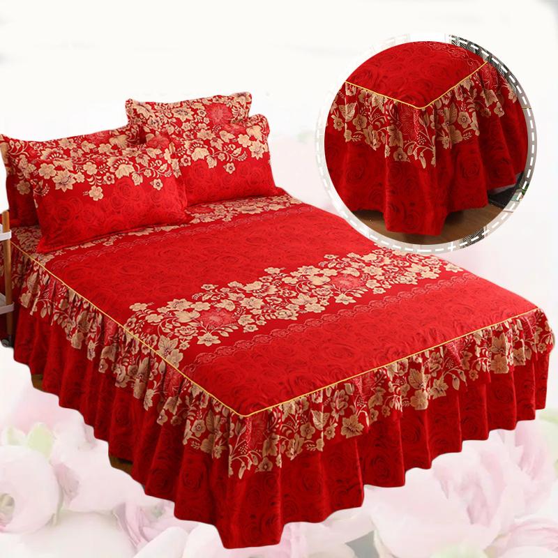 3pc Tropical Floral Bed Skirt Set Includes 1Non-slip Lace Bed Skirt And 2 Decorative Pillowcases All-season Polyester Bedding Ruffles Machine Washable