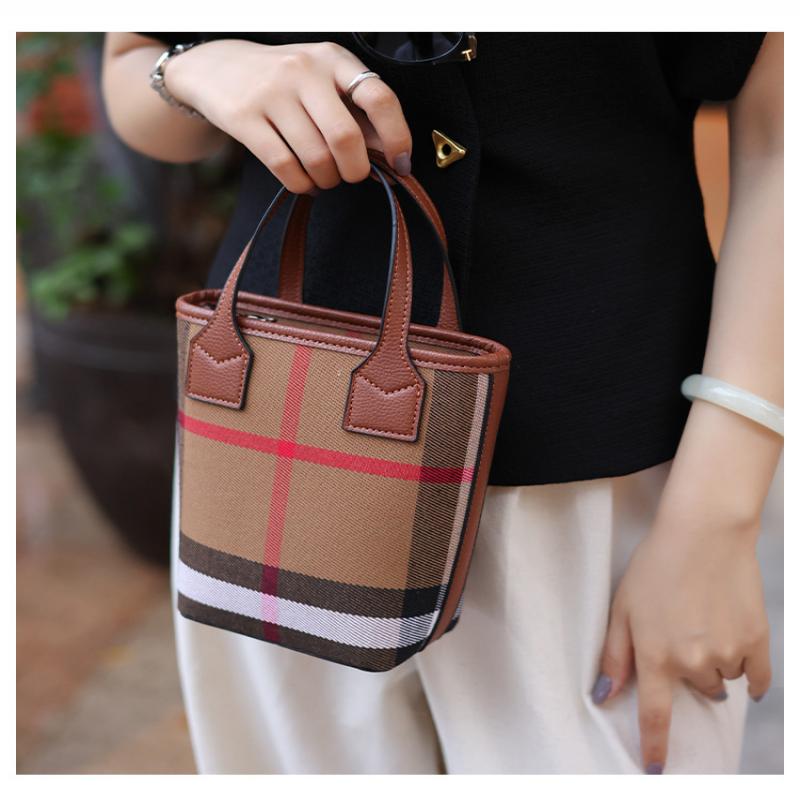 Vertical Square Bag Women Canvas Plaid Leather Handbag Shoulder Crossbody Bag Casual Commuter Tote Dark Brown