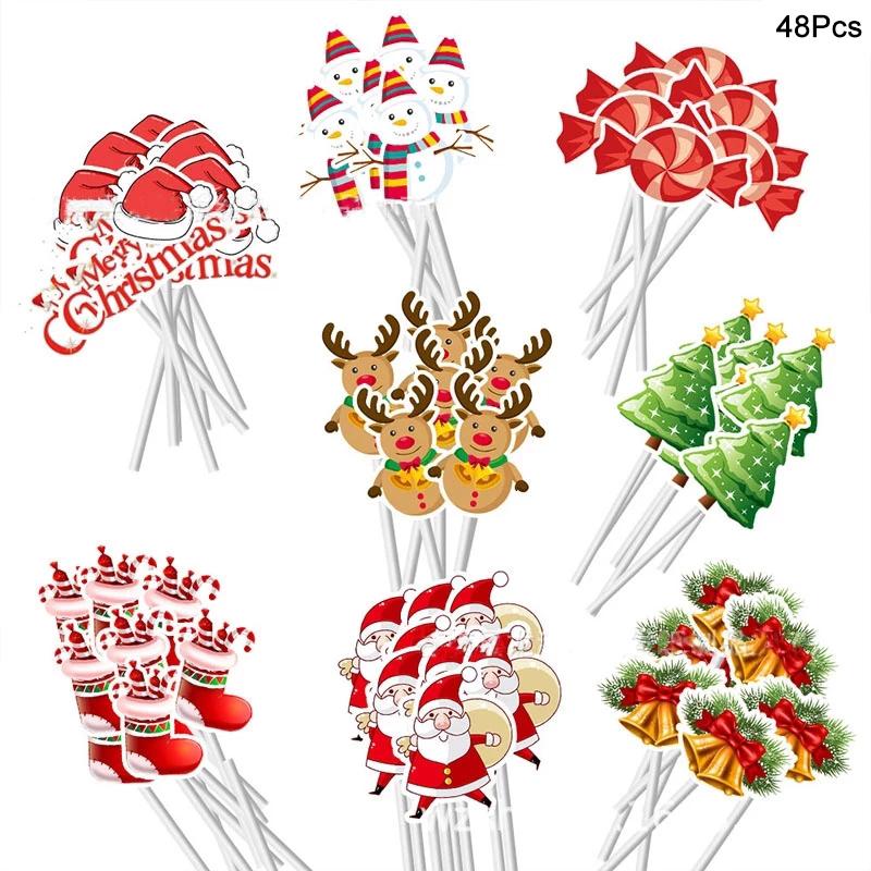 24/48Pcs Cartoon Christmas Cake Topper Santa Claus Xmas Tree Cupcake Topper for New Year Party Xmas Cake Decoration Noel Navidad