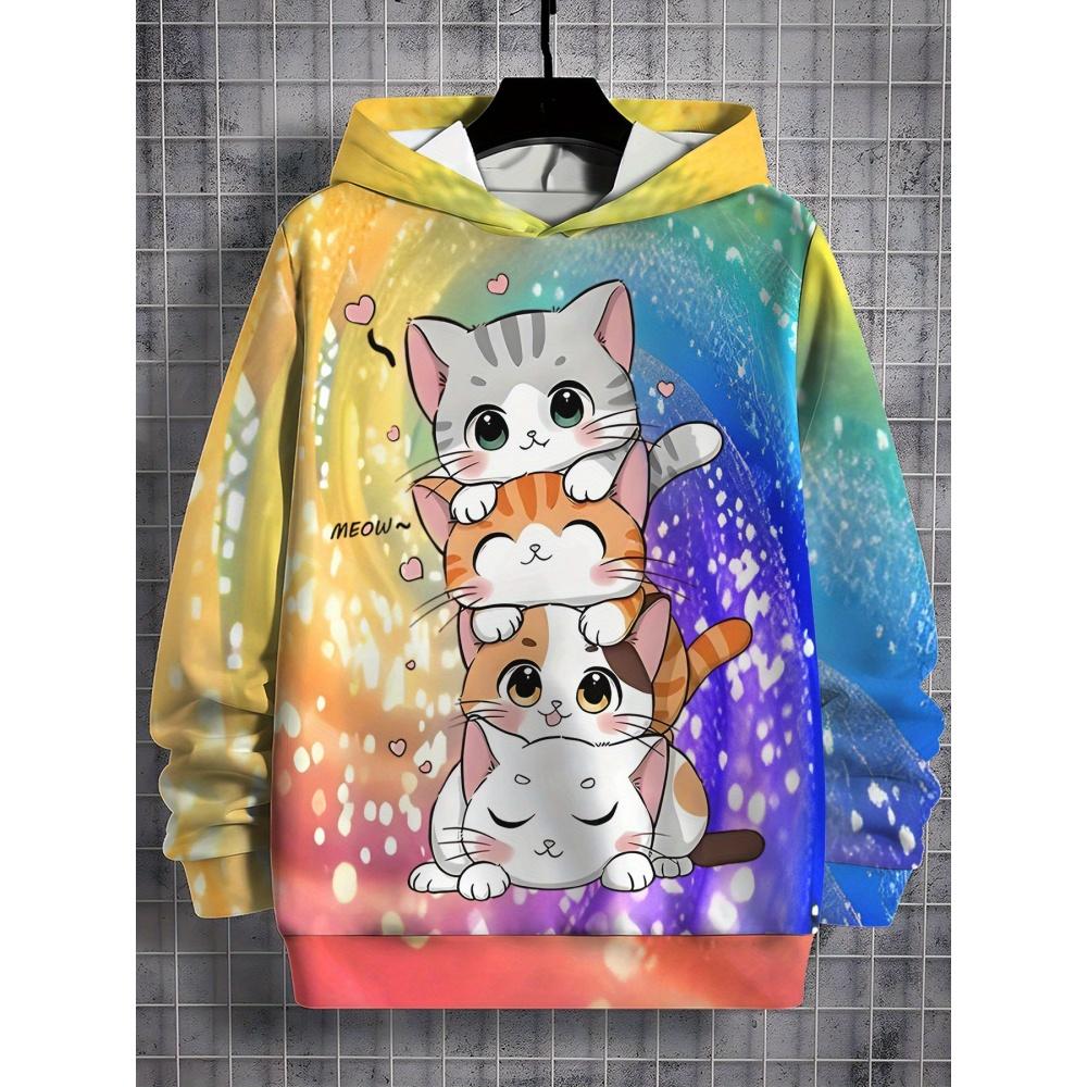 Girl Sweatshirt Pink Gradient Hoodie Cute Cat Print Spring Autumn Casual Pullover Long Sleeve Kids Clothing Top