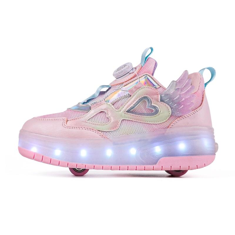 Kid's Lights Sports Shoes Rubbing Shoes Solid Magic Patch Can Charging Double-row Four-wheel Slide Shoes