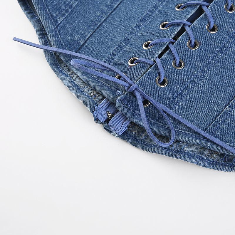 Vintage Hook Buckle Strapless Crop Tops Women Sexy Y2k Casual Slim Backless Denim Tanks Fashion Chic Lace-up Streetwear Beach Tees