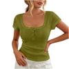 Women Short Sleeve Ribbed Knit Top Lace Trim Square Neck Button Casual Fitted T Shirt Blouse