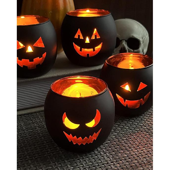 Halloween Table Decor Set of 6, Jack O Lanterns Black Glass Votive Tealight Candle Holders, Halloween Decorations Indoor Party Mantel Coffe Table