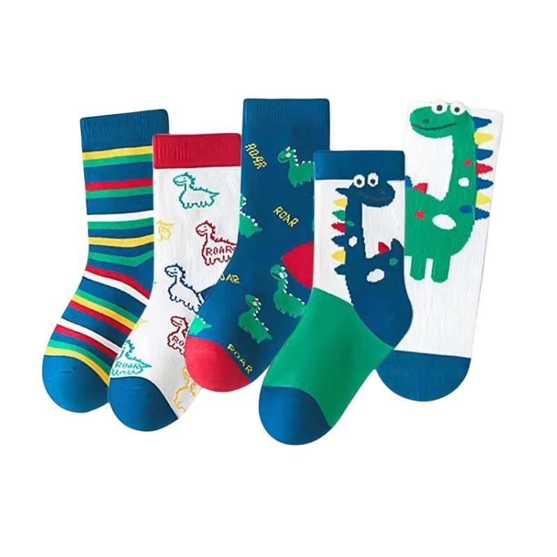 5 Pairs Dinosaur Children Socks Cute Green Giraffe Soft Cotton Boys  Spring Autumn Kids Tube Socks Student Sports Socks