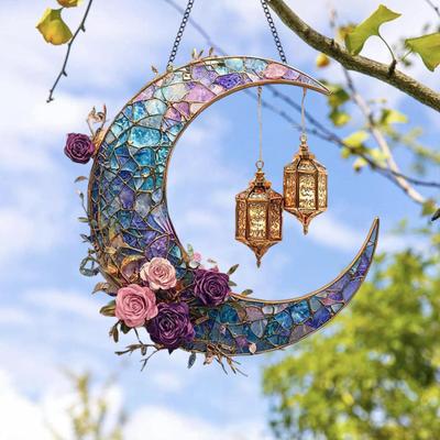Apanhador de Sol Lua Decoração Pendurada Lanterna Lua Estrela Vitral Acrílico Plano 2D Interior Exterior Parede Janela Pendurada Placa Ornamento