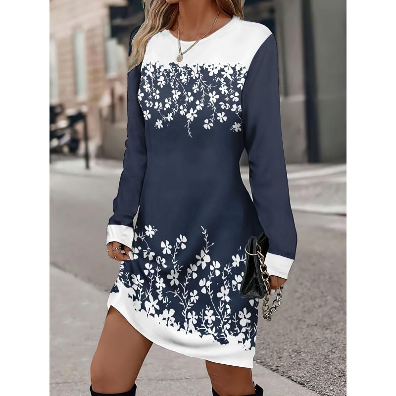 Womens Heart Print Round Neck Long Sleeve Plaid Patchwork Midi Dress Elegant Casual Office Wear