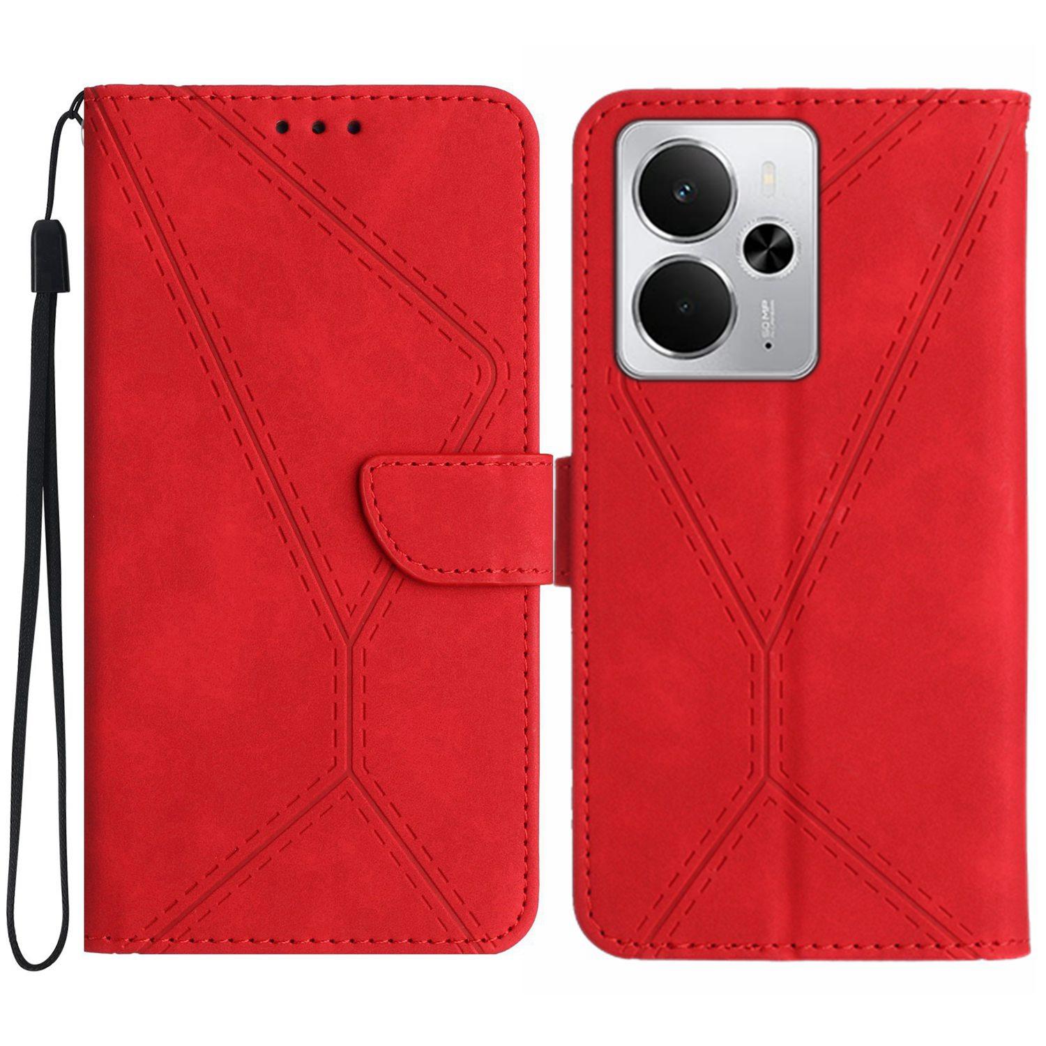 

For Realme 14 5G/P3 5G Case Skin Touch Lines Imprinted PU Leather Flip Phone Cover Red