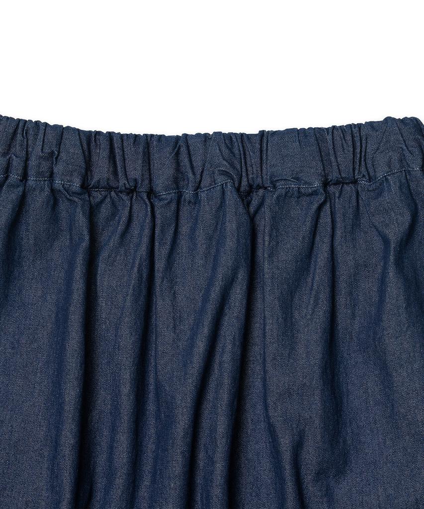 Cotton Bell Waist Belt Shirred Denim Skirt - Indigo