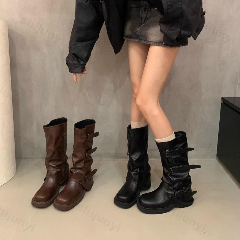 Women Boots 2026 Autumn Round Toe Belt Buckle Fashion Mid Calf Platform Fashion Boots Retro British Style Wedges High Top Boots