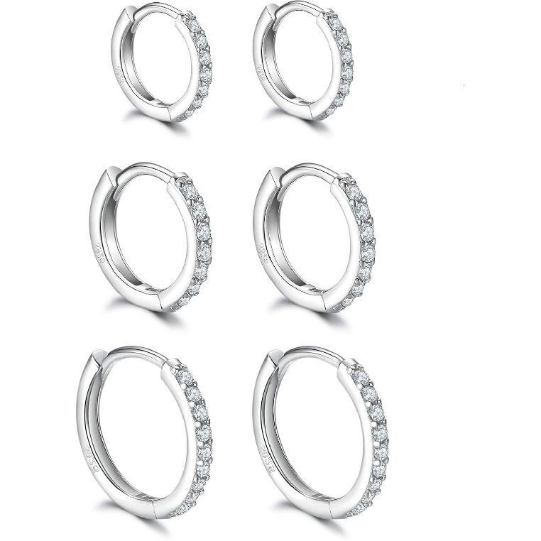 3 Pairs 925 Sterling Silver Small Hoop Earrings for Women Men | Cubic Zirconia, 14K White Gold Plated Huggie Hoop Earrings, Hypoallergenic