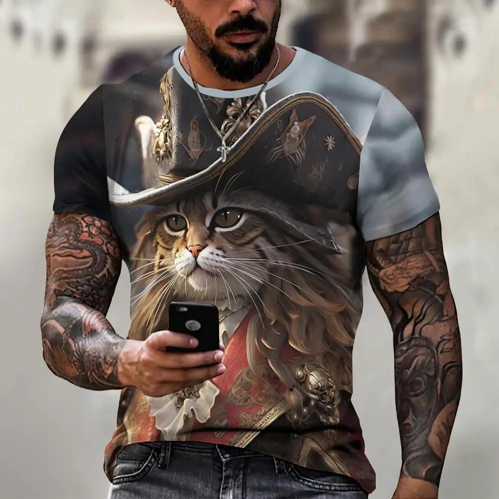 Men's 3D Printed T-Shirt Cute Cat Pattern Print Short Sleeve O-Neck Pullover Casual Top