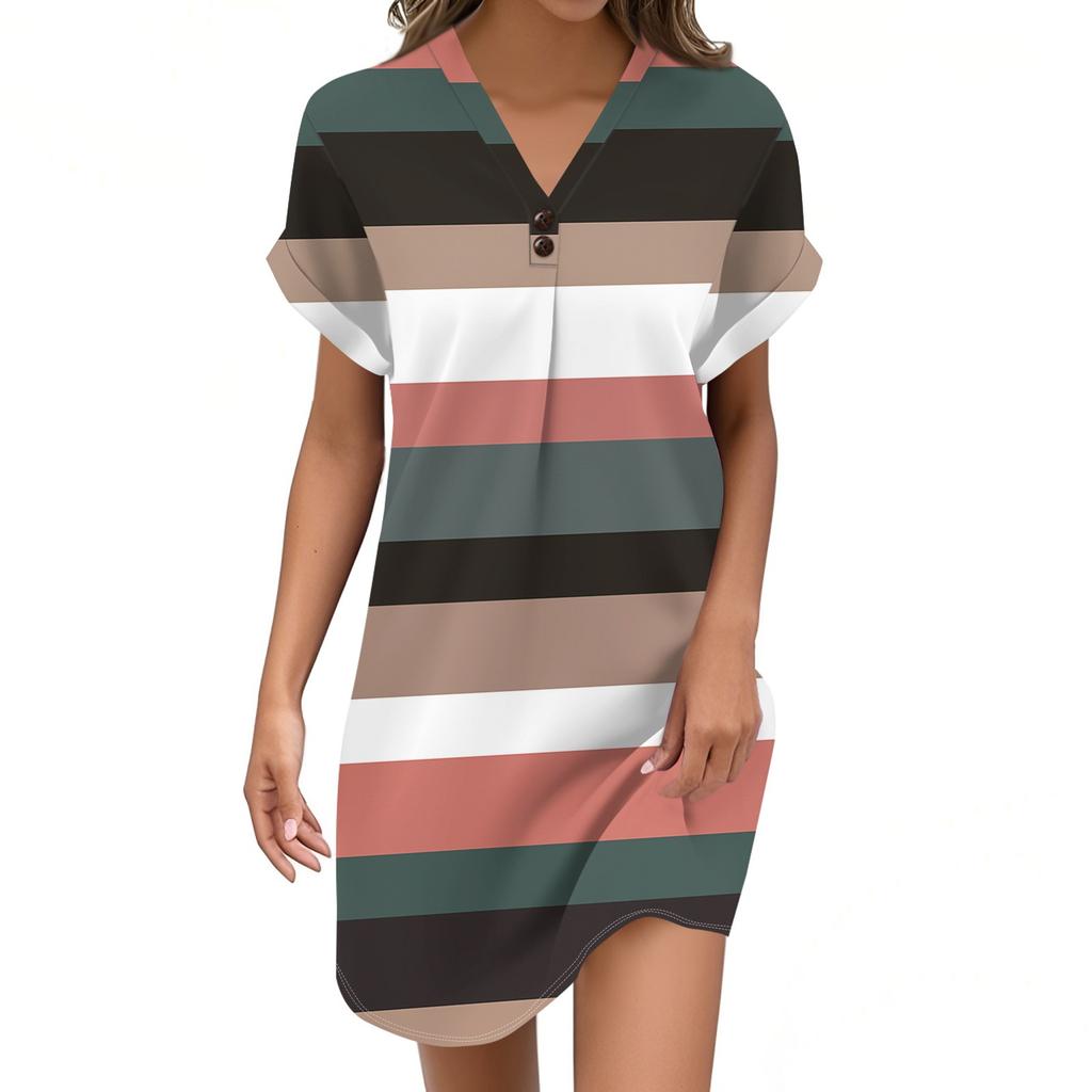 Women's Fashion V-neck Striped, Polka Dot Print Pull-head Casual Button Dress
