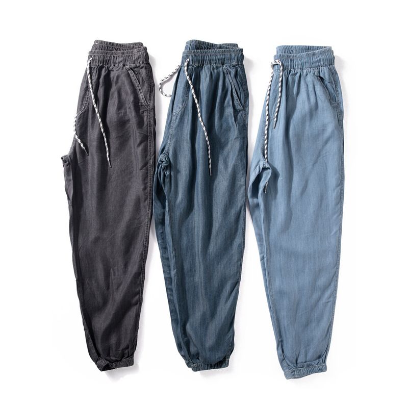 Ankle Banded Pants Men's Trendy Summer Light and Smooth Draping Casual Pants Loose Casual Elastic Waist Lyocell Jeans