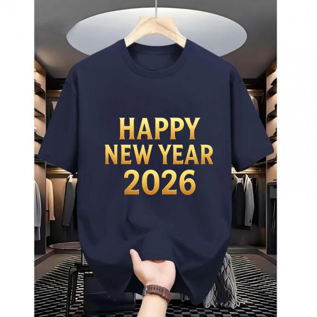 Happy New Year 2026 Graphic Tee Mens Casual Cotton Short Sleeve TShirt Round Neck Breathable Holiday Print Tee