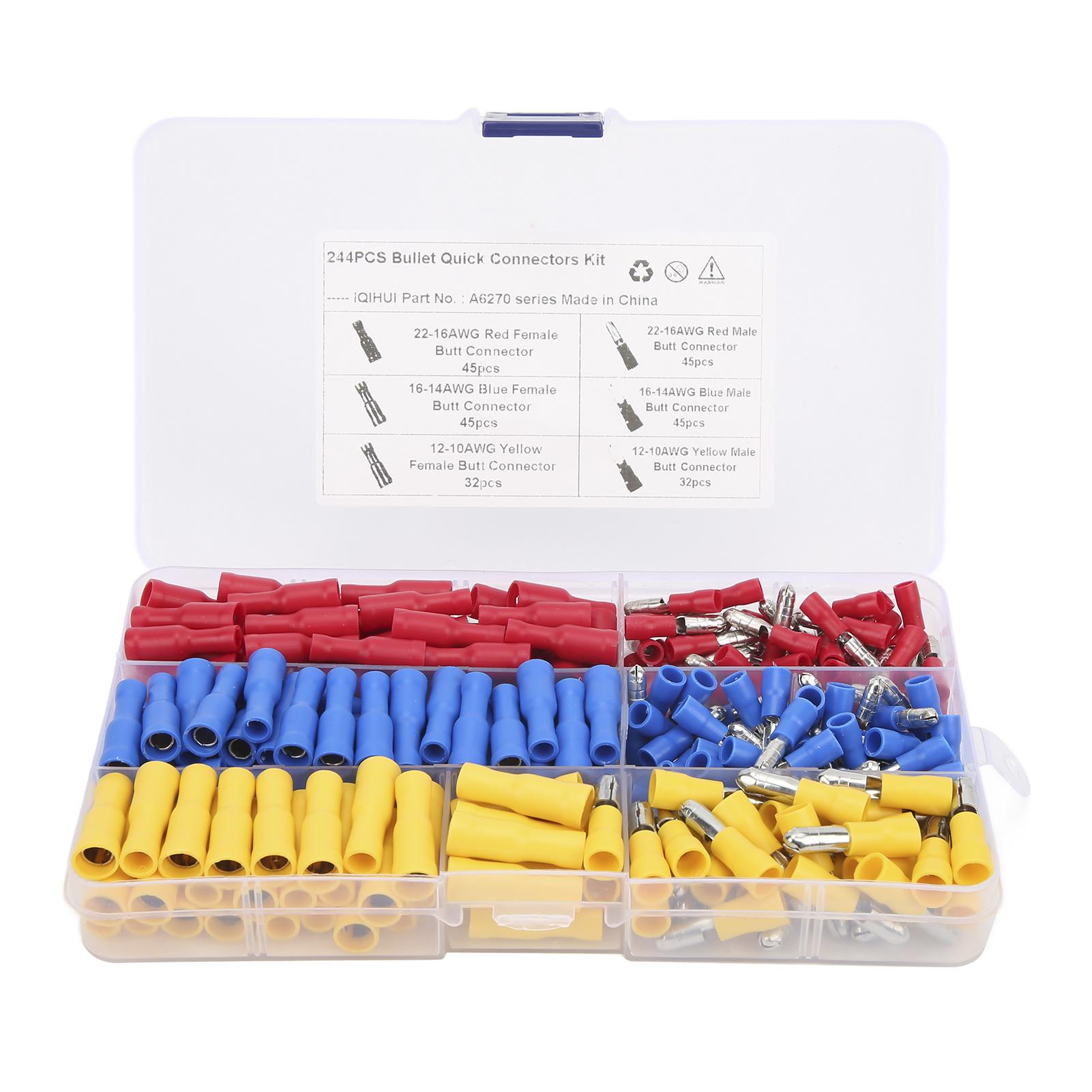 

244PCS Terminal Wire Connectors Female Male Butt Red Blue Yellow for Home Garage Workshop