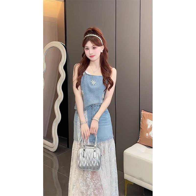 

2026 Summer Women s Blue Denim Vest & Lace Spliced Skirt Set S (Recommended for 40-48 kg)