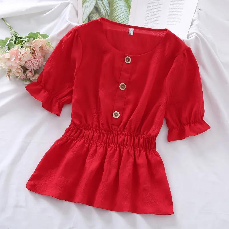 Summer Blouse Tunic Pleated Shirt All-match Solid Color Casual Blouse for Women