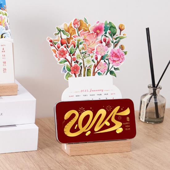2025 Blooming Flowers Calendar Standing Flower Desk Calendar with Wooden Base Detachable Monthly Cards Postcard Calendar for Home Office Decor