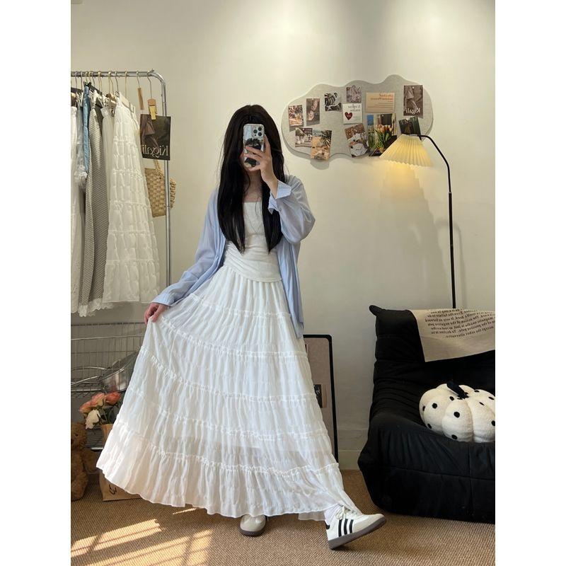 

2025 Early Autumn New Arrival K-style Easiest for Match Texture Slim Looking A- line Skirt Wooden Ear Patchwork Cake Dress Long Dress
