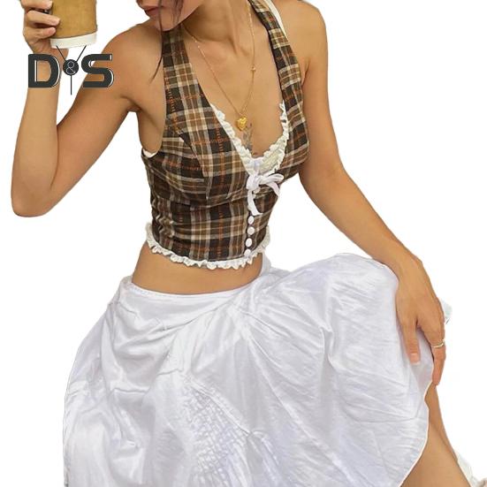 

Сексуальный жилет с бретелью через шею, шнуровка, без рукавов, открытая спина, клетчатый узор, топы с кружевной отделкой, облегающие топы во французском стиле S