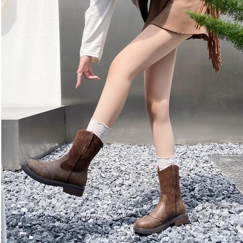Fashion New Embroidered Leather Western Ankle Boots for Women Autumn Winter Fashion Soft-soled Casual Women's Chelsea Boots Shoes