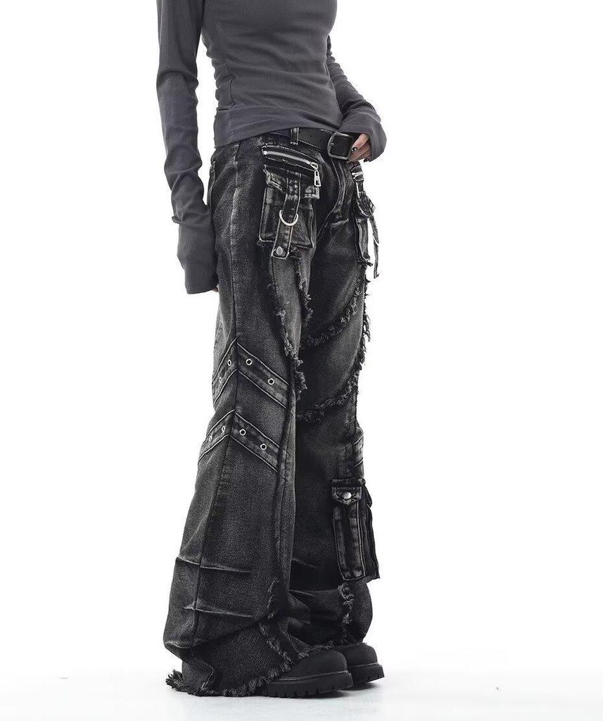 Women's Washed Micro-Flare Jeans with Frayed Edges and 3D Pockets