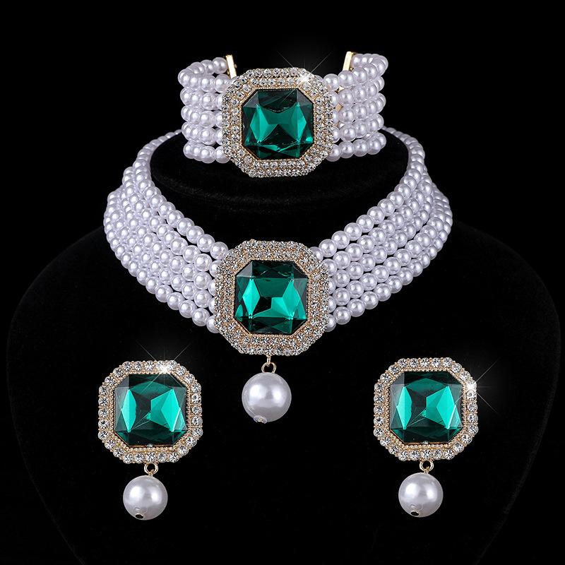 Square Crystal Diamond Earrings Necklace Set Choker Multilayer Bridal Anti-Pearl Necklace Earrings Women