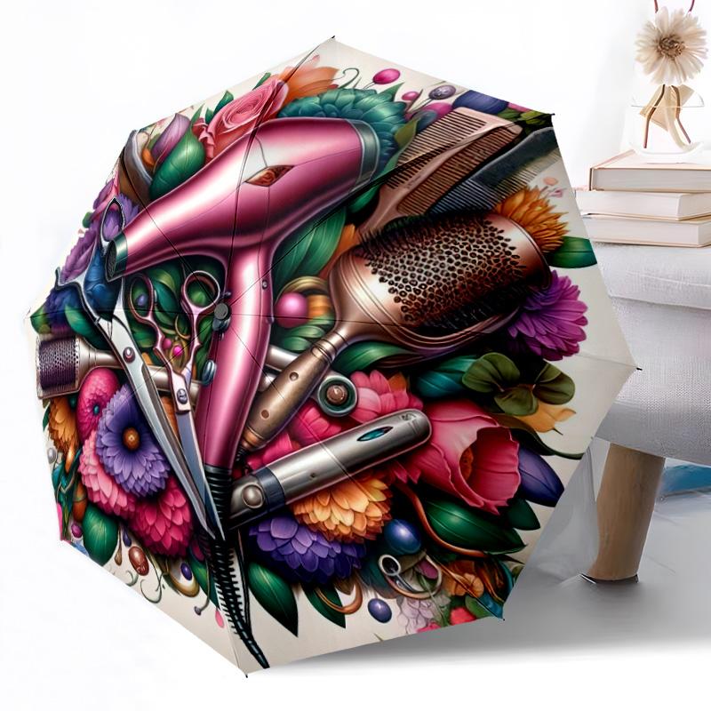 Vintage Sewing Machine Floral Art Automatic Umbrella Compact 8-Rib Design Lightweight All Season Travel Outdoor Accessory Perfect Gift for Women Men