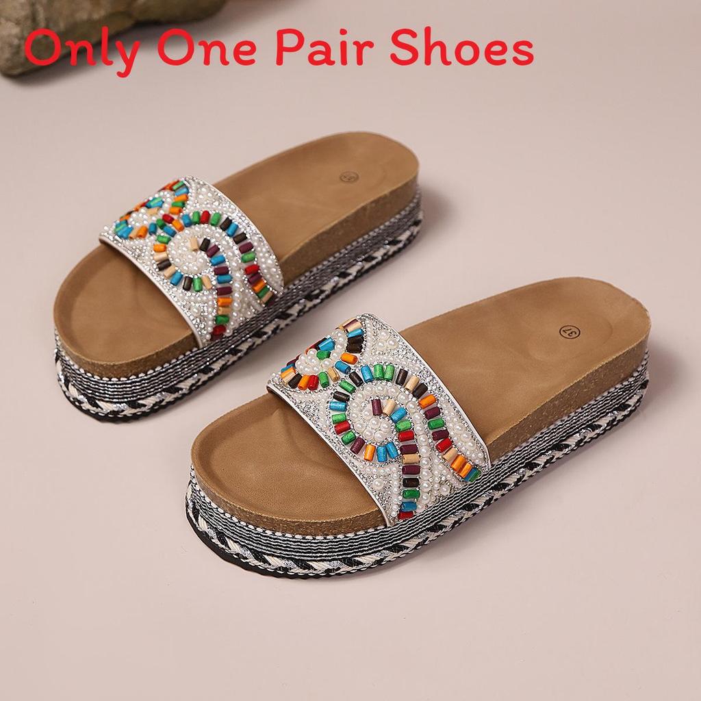 Summer Women Ethnic Style Flat Wooden Slippers With Rubber Sole For Beach Wear