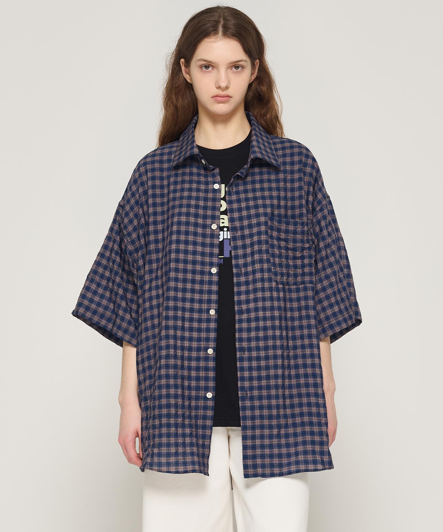 Cargo Bros For Woman American Check Oversized Short Sleeve Shirt (Navy) Free