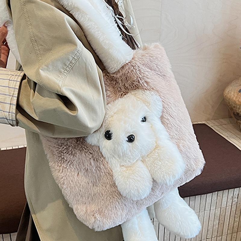 2025 Autumn New Fashion New Tote Plush Women's Bag Simple Shoulder Portable Bear Girlish Handbag Bag