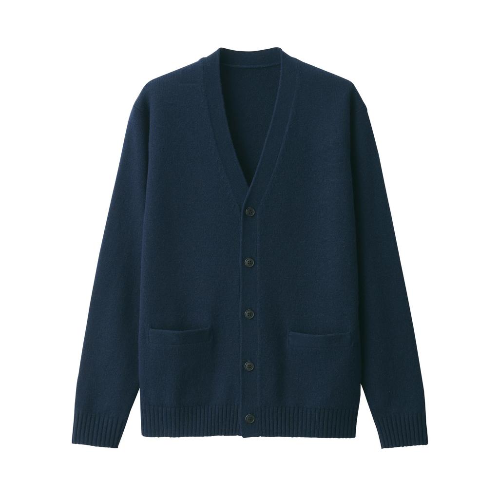 MUJI Men's Washable Wool Mid-Gauge V-Neck Cardigan, Dark Navy, Size AA0PHA4A, Size XS