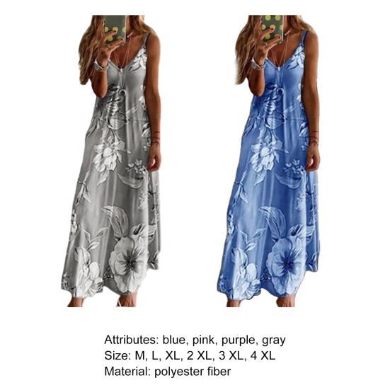 Women Dress Floral Print Large Hem Streetwear Elegant Spaghetti Strap Maxi Dress for Party