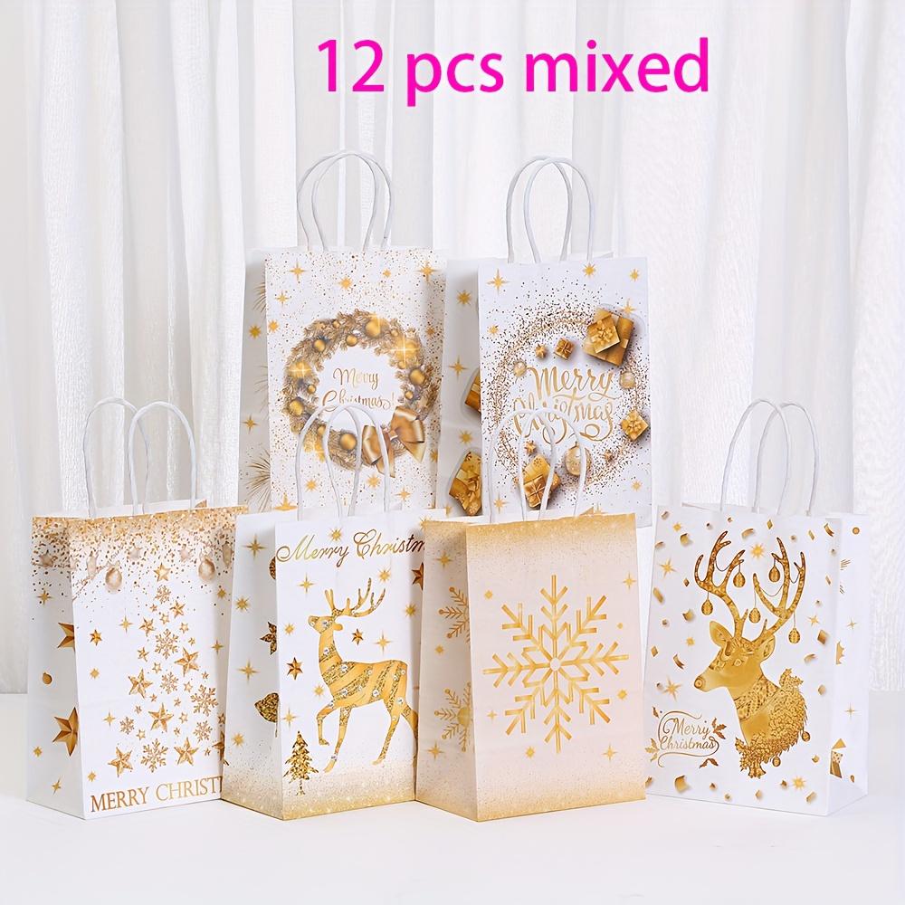 12/24pcs Elegant White &Golden Luxury Christmas Gift Bags with Golden Glitter Reindeer,Snowflake & Tree Cutouts Party Packaging