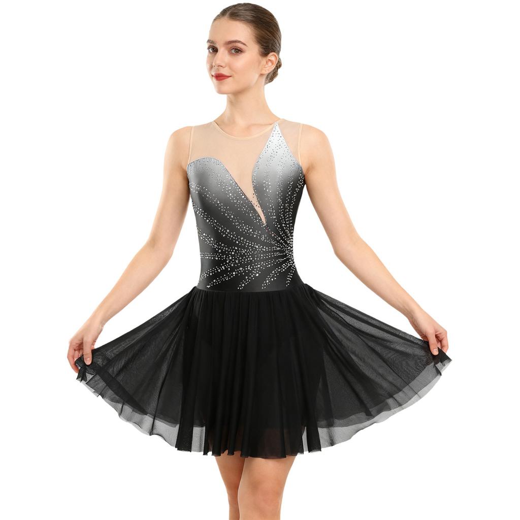 Damen Eiskunstlauf Performance Kleid: Ärmelloses Netz-Kleid mit Strasssteinen und sicheren Schrittknöpfen für Wettkämpfe