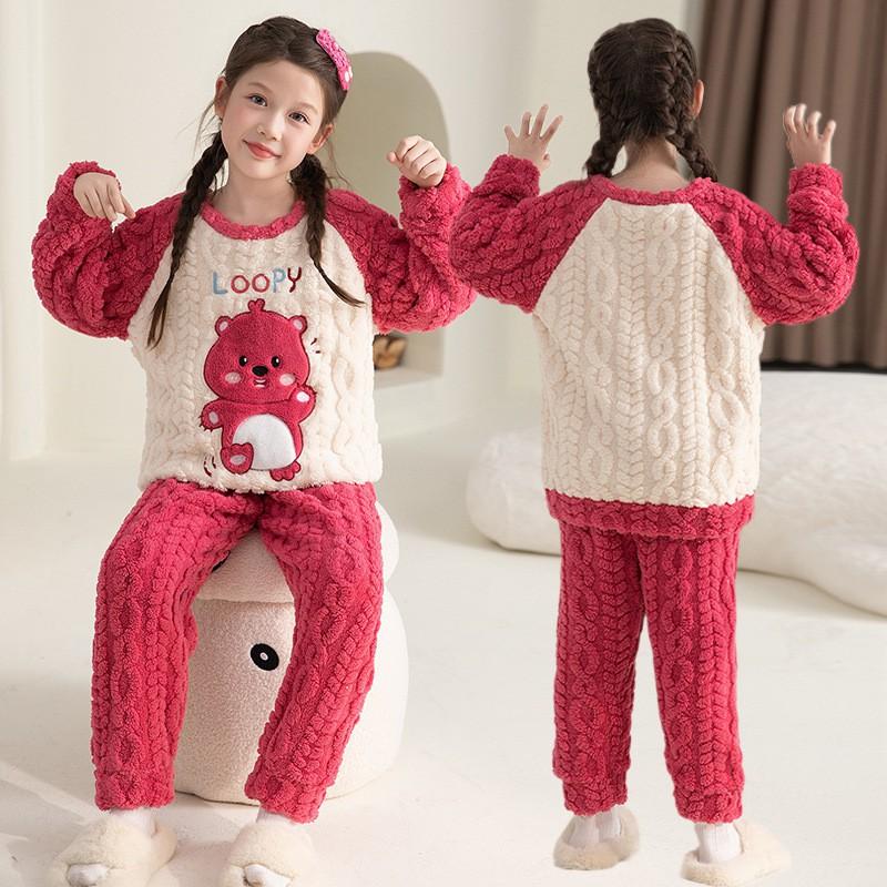 Girls Coral Fleece Pajama Set With Hooded Cartoon Character Design Winter Warm Sleepwear Kids 8 Years