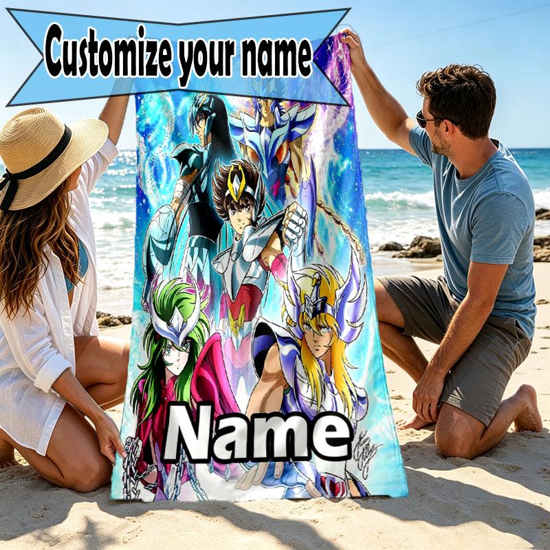 Custom Name Personalized Saint Seiya Print Beach Towel, for Trip Camping Beach Party Home Decor, Birthday Gift for Family & Friends