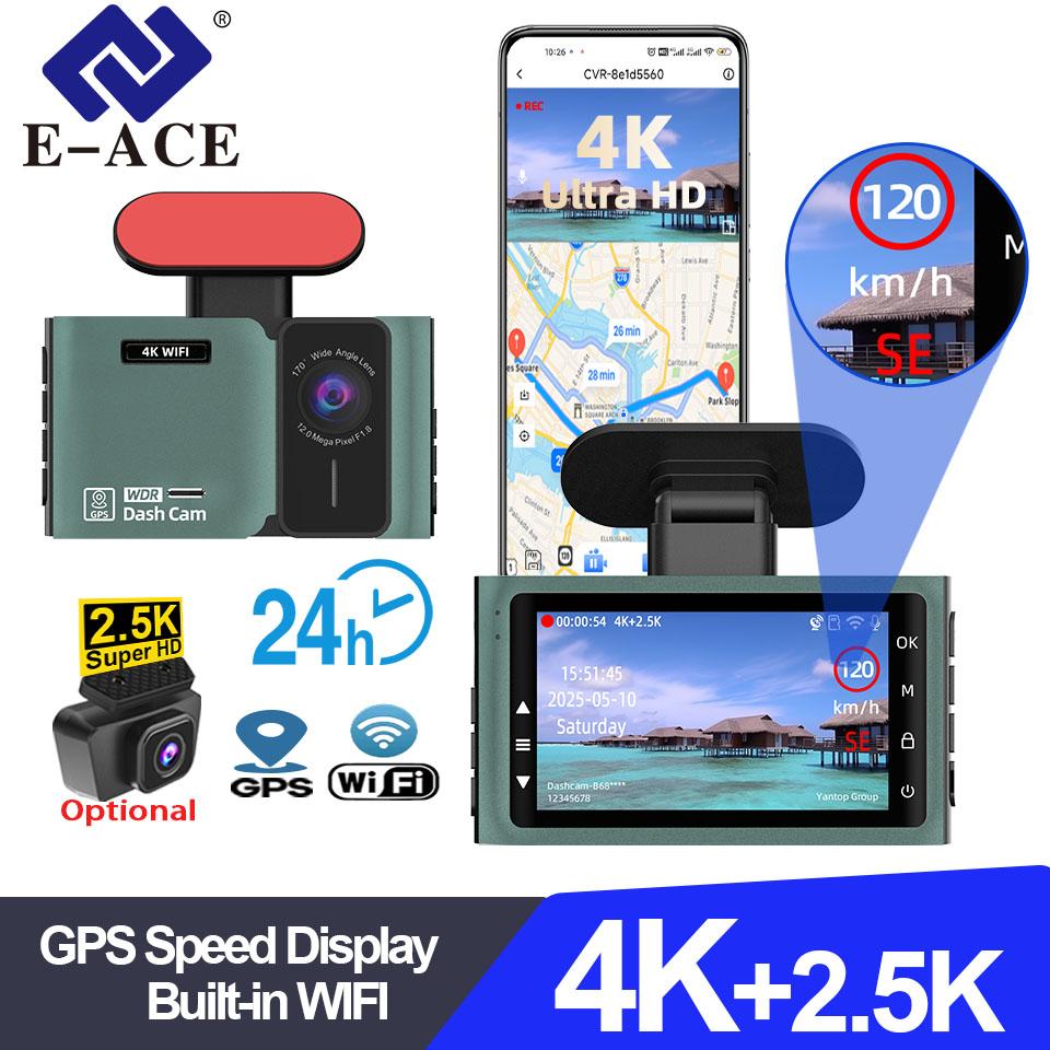 E-ACE 4K Dash Cam 2.5K Rear View Camera Dual Lens Dual Channel Car Dvr Support WIFI GPS Night Vision Loop Recording Black Box