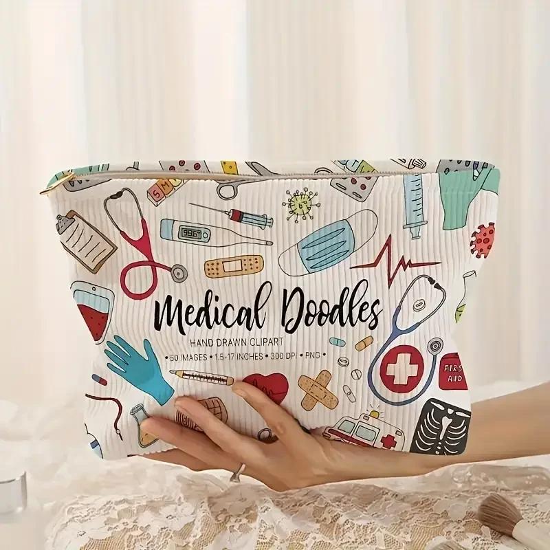 Medical Graffiti Printed Corduroy Makeup Bag Lightweight Zipper Makeup Storage Box Multi-Functional Cosmetic Pouch бежевый
