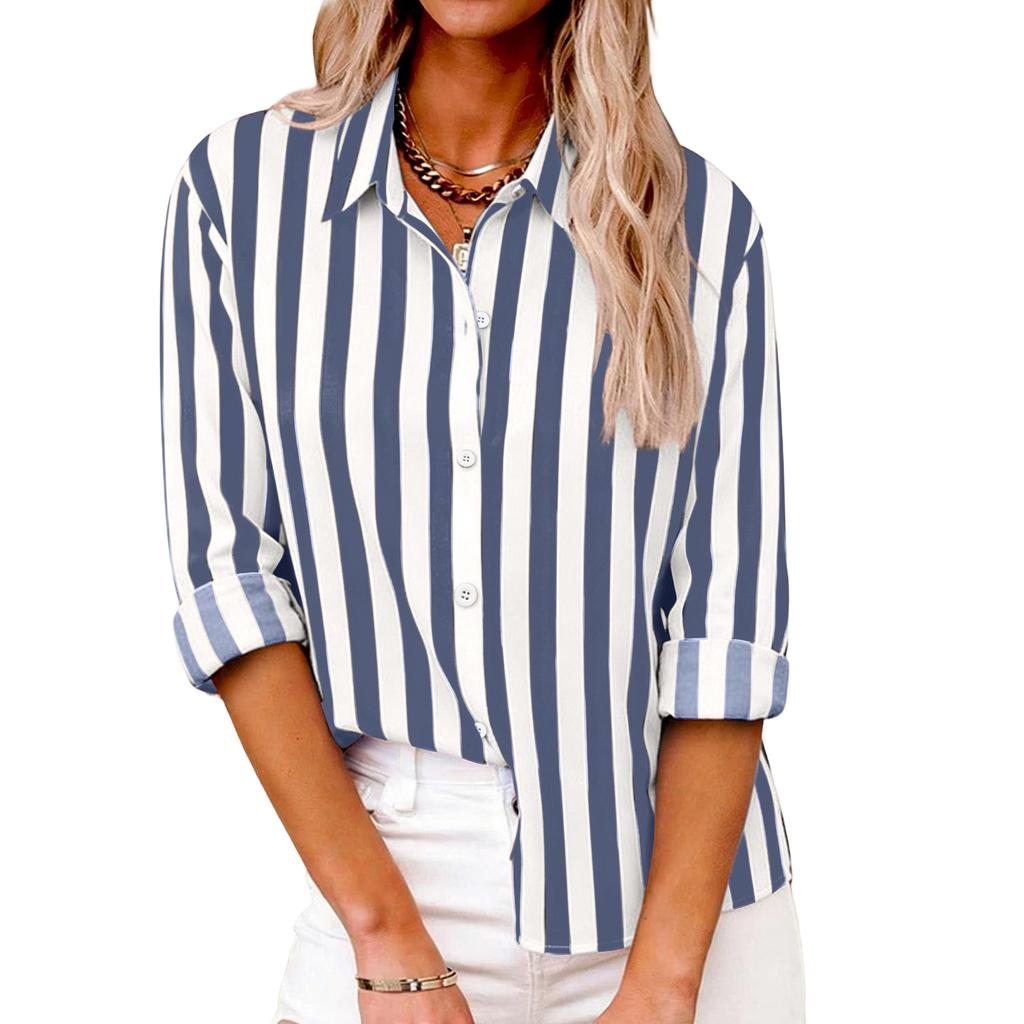 Women's Striped Casual Fashion Shirt Button Long Sleeved Top