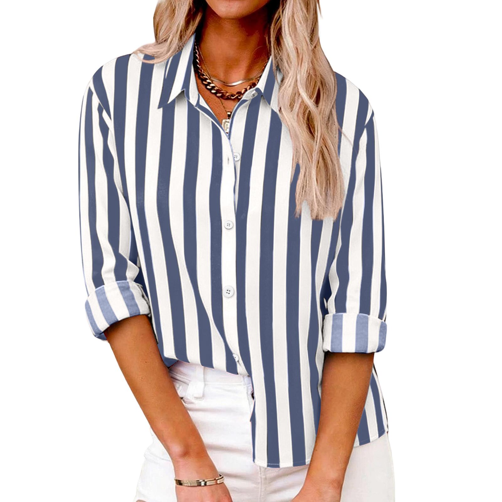 Women s Striped Casual Fashion Shirt Button Long Sleeved Top XXL